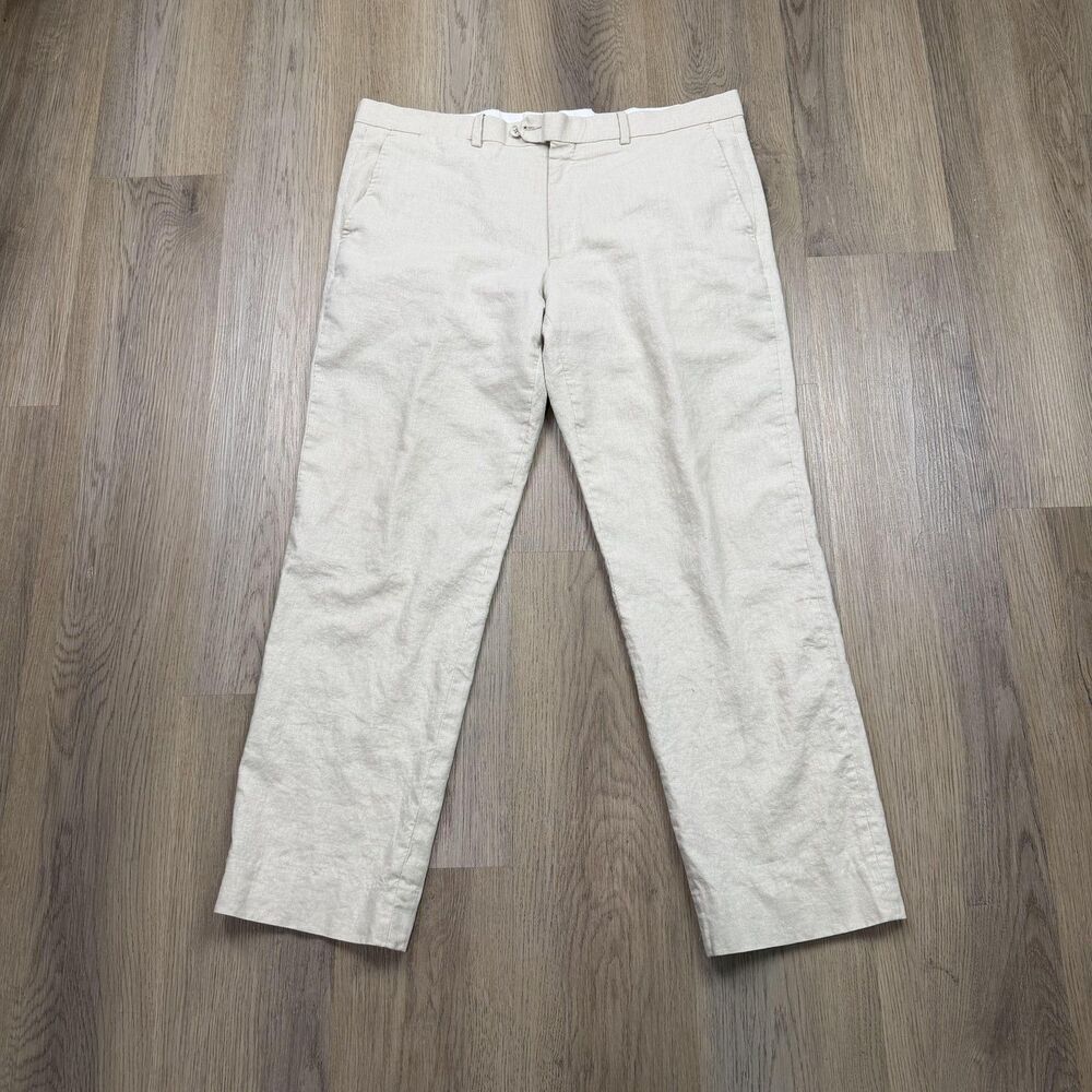 Brioni Dress Pants Mens 38 Beige Linen Flat Front Belted Straight Leg Italy